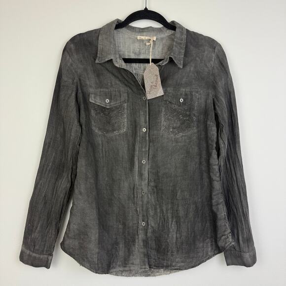 NWT Hem & Thread Long Sleeve Button-Up Floral Lace Crinkle Grey Wash Shirt Large - Picture 1 of 10